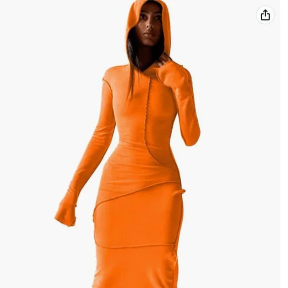 Women's Long Sleeve Bodycon Solid Hoodie Patchwork Long Dress | Color: Black/Orange | Size: L | Aprilbiv80's Closet Women's Long Sleeve Bodycon Solid Hoodie Patchwork Long Dress | Color: Black/Orange | Size: L | Aprilbiv80's Closet